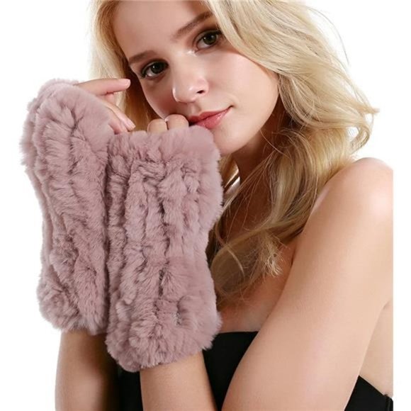 𝅺WOMEN Fur Gloves - Real Rabbit Fur Mittens Soft Burgundy